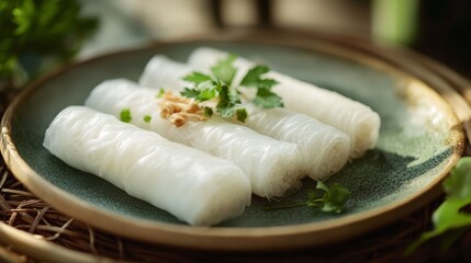 Wall Mural - Delicate rice noodles garnished with herbs and nuts, placed beautifully on a ceramic plate.