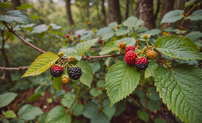 Wall Mural - Branch of a tree with a few black and red berries on it. The berries are ripe and ready to be picked