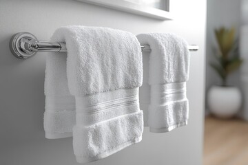 Wall Mural - Two white towels hanging on a wall, perfect for a bathroom or spa scene