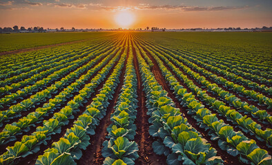 Poster - Field of green lettuce plants with the sun setting in the background. The sun is setting behind the field, creating a warm and peaceful atmosphere