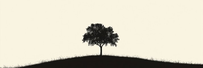 Poster - Silhouette of a single tree on a gentle hill against a light background during twilight hours. Generative AI