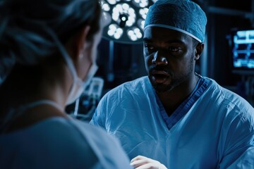 Wall Mural - Two medical professionals in scrubs working together in a hospital OR