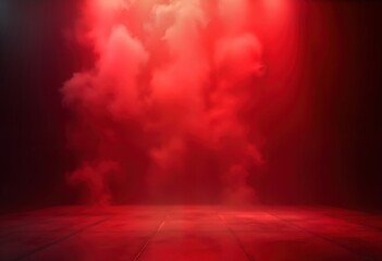 Aufkleber - Red fog fills stage area. Dramatic lighting creates a red background. Minimalist design with smoke texture. Dark red color. Suitable for event photoshoots or dramatic scenes.
