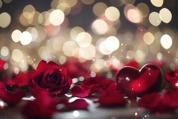 Poster - A close-up of a rose and a heart on a table, suitable for romantic or wedding-themed images