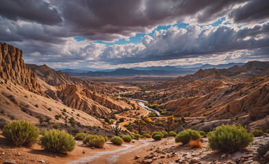 Fototapete - Desert landscape with a river running through it. The sky is cloudy and the sun is setting