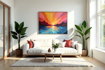 Wall Mural - Bright airy living room, minimalist design, potted plants, abstract painting , white, comfort