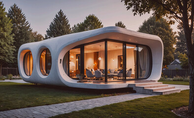 Poster - White house with a large glass window and a small patio. The house is modern and has a minimalist design
