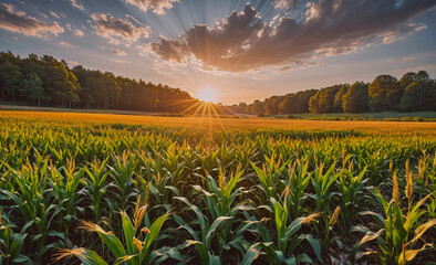 Poster - Field of corn is in the foreground with a bright sun in the background. The sun is shining on the corn, making it look like it's glowing. The sky is cloudy, but the sun is still visible, creating a
