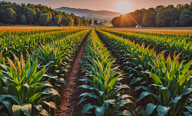 Poster - Field of corn is shown with the sun shining on it. The sun is in the background and the corn is in the foreground