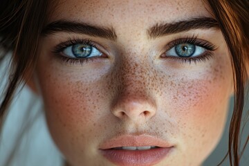 Wall Mural - A close-up shot of a woman's face with noticeable freckles, perfect for use in beauty or lifestyle content