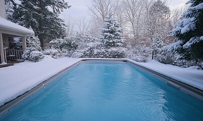 Canvas Print - Outdoor Pool Covered in Snow Surrounded by Trees on a Winter Day near a Building