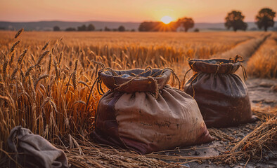 Poster - Two bags of grain are sitting in a field. The sun is setting in the background
