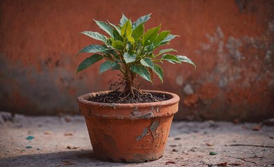 Poster - Small plant is in a pot on a brick wall. The plant is green and has a few leaves. The pot is brown and has a few cracks. The plant is in a small pot, but it is growing well