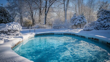 Canvas Print - Outdoor Pool in Winter Surrounded by Snow and Trees under Blue Sky Cold Day Environment