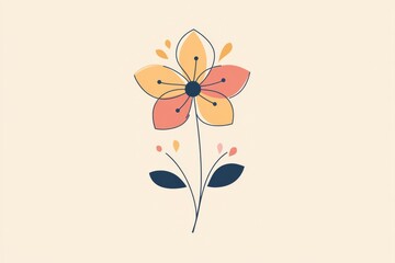 Aufkleber - Colorful flower illustration with petals and leaves in a minimalist style on a light background. Generative AI