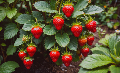 Wall Mural - Bunch of red strawberries hanging from a plant. The strawberries are ripe and ready to be picked