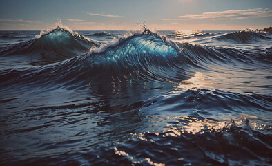 Fototapete - The ocean is calm and the waves are small. The water is a deep blue color. The sun is setting in the background