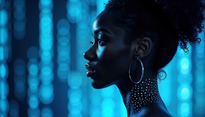 Fototapete - Stylish african american woman in profile view. Digital code pattern on neck against blue, black background. Modern, futuristic image. Strong, confident female figure. Tech-savvy, innovative.