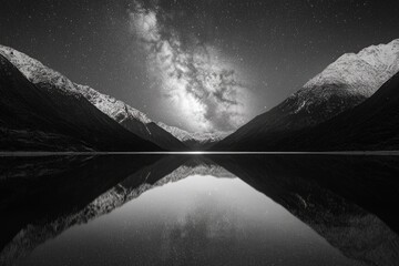 Wall Mural - Milky Way galaxy arches over a serene mountain lake, its reflection mirrored perfectly in the still water.