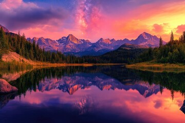Wall Mural - Majestic mountain range reflecting in a calm lake under a vibrant sunset sky, with the Milky Way visible.