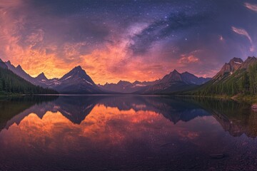Wall Mural - Majestic mountain range reflected in a calm lake under a vibrant sunset and starry sky.