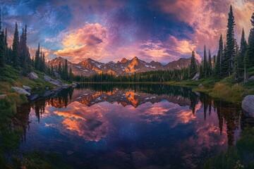 Wall Mural - A serene mountain lake reflects a vibrant sunset sky filled with stars, creating a breathtaking mirrored landscape.