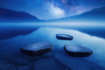 Wall Mural - Serene night scene with a calm lake reflecting the starry sky and mountains under a blanket of mist.