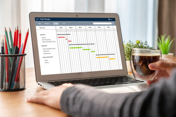 Poster - Project planning software for modish business project management on the computer screen showing timeline chart of the team project