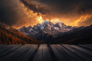 Wall Mural - Majestic snow-capped mountains under a vibrant, star-filled night sky.