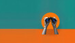 © miss irine - Hands holding binoculars. Modern tech concept. Searching for new ideas. Exploring vision, opportunity. Creative art collage on vibrant blue-orange background. Searching for new perspectives. Image