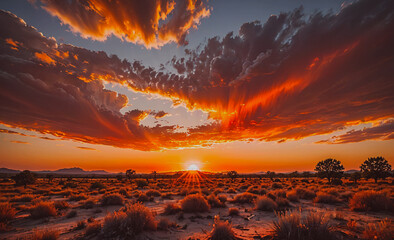 Poster - Beautiful sunset over a desert landscape with a few trees in the background. The sky is filled with clouds and the sun is setting, creating a warm and peaceful atmosphere