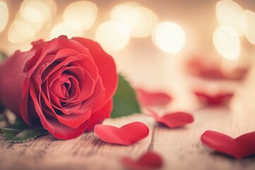 Wall Mural - A single red rose sits atop a wooden table, awaiting attention