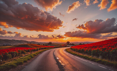 Poster - Road with a sunset in the background. The sky is cloudy and the sun is setting. The road is empty and the flowers are red