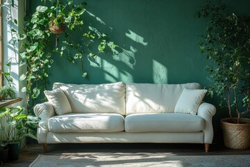 Wall Mural - A white couch sits next to a window in a cozy living room setting