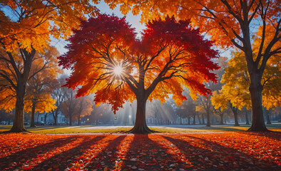 Poster - Tree with a heart shape in the center of it. The tree is surrounded by many other trees and leaves