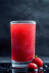 Wall Mural - Fresh Strawberry Juice Cocktail in a Glass with Garden Background