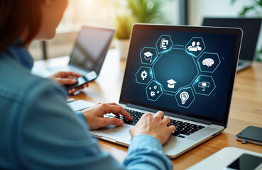 business person uses laptop for online education. lms icon on laptop screen. person studying trainin