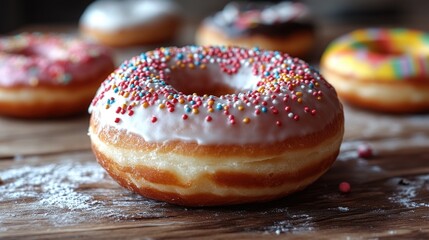 Wall Mural - A close-up shot of a colorful doughnut with sprinkles, perfect for use in food-related context or as a decorative element