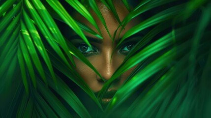 Wall Mural - Captivating closeup of a stunning woman framed by lush tropical leaves, creating an ethereal, smoky ambiance.