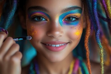 A young girl with vibrant makeup holds a brush, likely for creative or artistic purposes