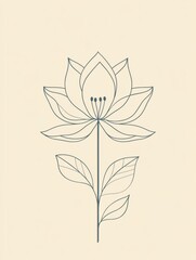 Aufkleber - Elegant line drawing of a lotus flower with delicate leaves on a light background showcasing simplicity and style. Generative AI