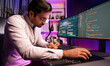 © InfiniteFlow - Working smart IT developer writing data software development from two pc screen, creating application program updated version online website page system online at neon light cyber office. Surmise.