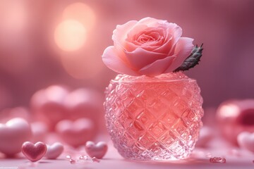 Wall Mural - A beautiful pink rose in a glass vase surrounded by pearls, perfect for decorative or romantic purposes