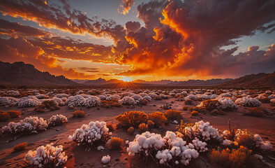 Poster - Desert landscape with a beautiful sunset in the background. The sky is filled with clouds and the sun is setting, creating a warm and peaceful atmosphere