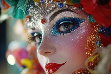 Wall Mural - Up-close shot of a woman's face featuring bright, bold makeup