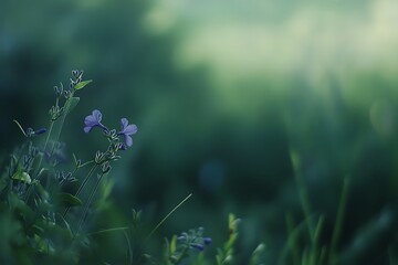 Wall Mural - Delicate Purple Flowers in a Lush Green Garden