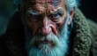 © miss irine - Elderly man with intense gaze. Strong, determined. Piercing blue eyes. Visible scars. Thick beard. Rugged appearance. Exudes strength, resilience. Possible warrior historical figure. Dramatic