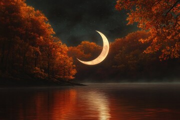 Wall Mural - Crescent moon glows over a tranquil lake surrounded by autumnal trees at night.
