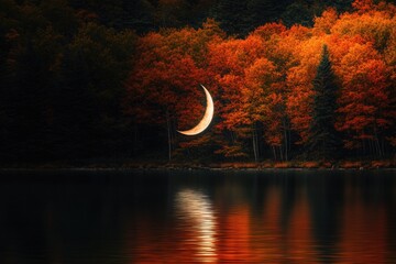 Wall Mural - Crescent moon shines over serene autumnal lake, reflecting fiery foliage in still waters.