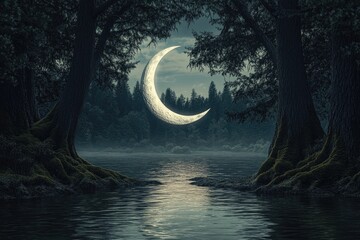Wall Mural - Crescent moon hangs over a serene, misty lake nestled within a dark, moss-covered forest.